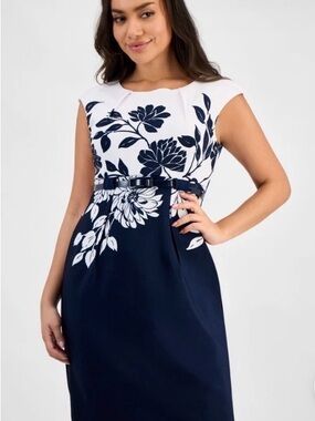 Connected Apparel Cap-Sleeve Belted Sheath Dress- Navy / White